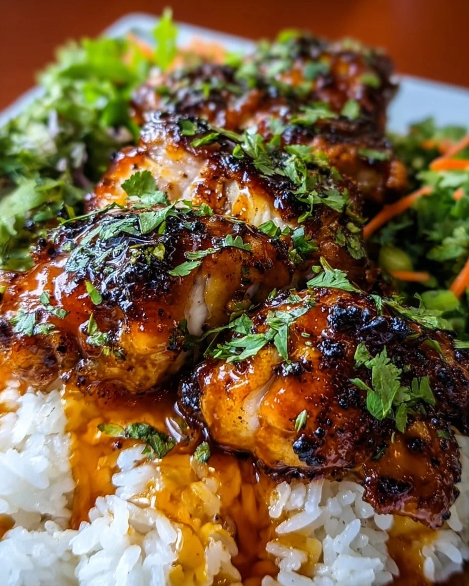 Spicy maple glazed chicken thighs served with coconut rice on a plate