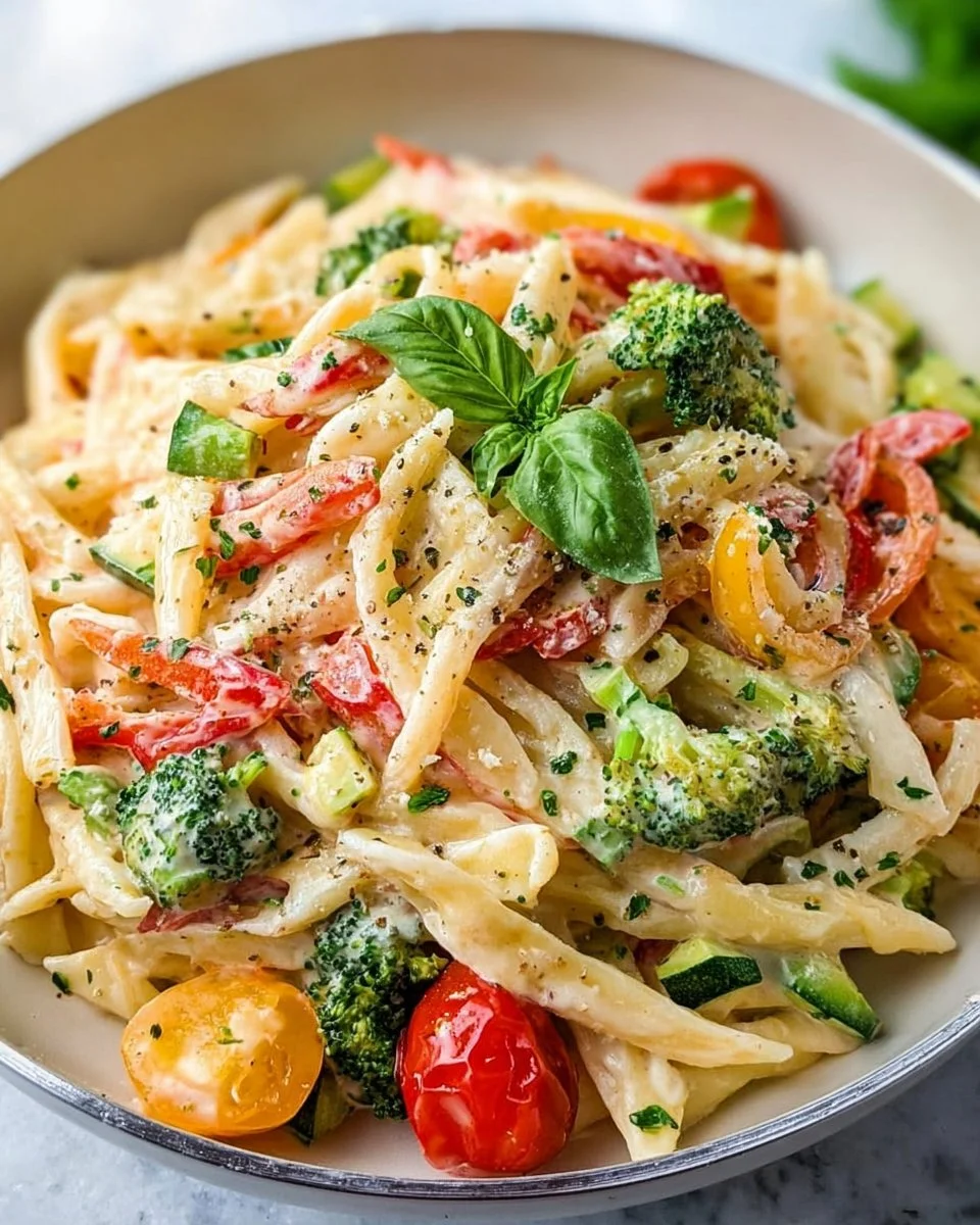 A plate of colorful Spring Pasta garnished with fresh vegetables and herbs.