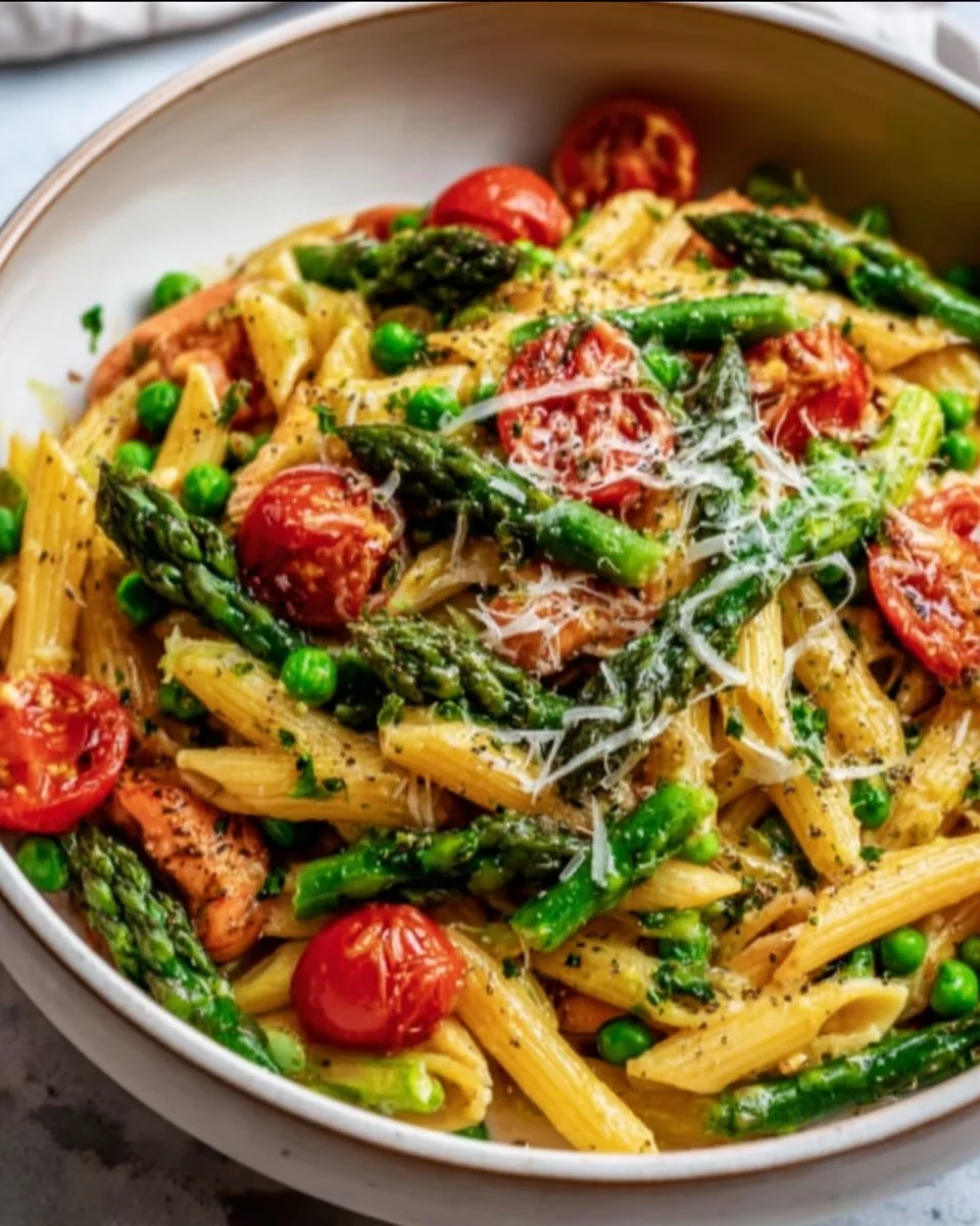 A colorful bowl of spring vegetable pasta with fresh seasonal veggies