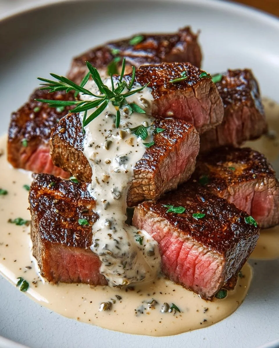 Juicy steak topped with bourbon garlic cream sauce on a plate