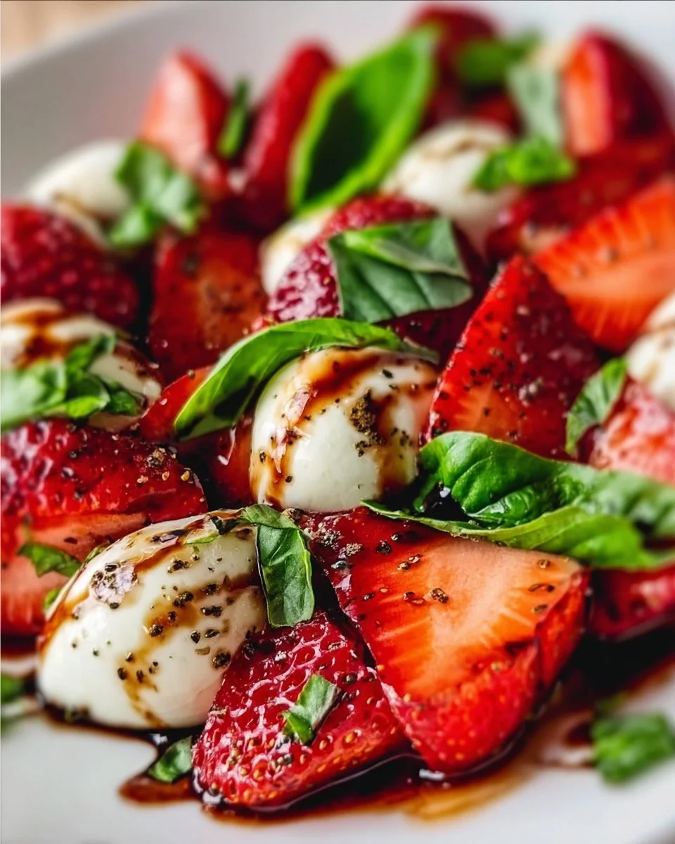 Strawberry Caprese Salad with fresh strawberries, mozzarella, and basil drizzled with balsamic glaze.