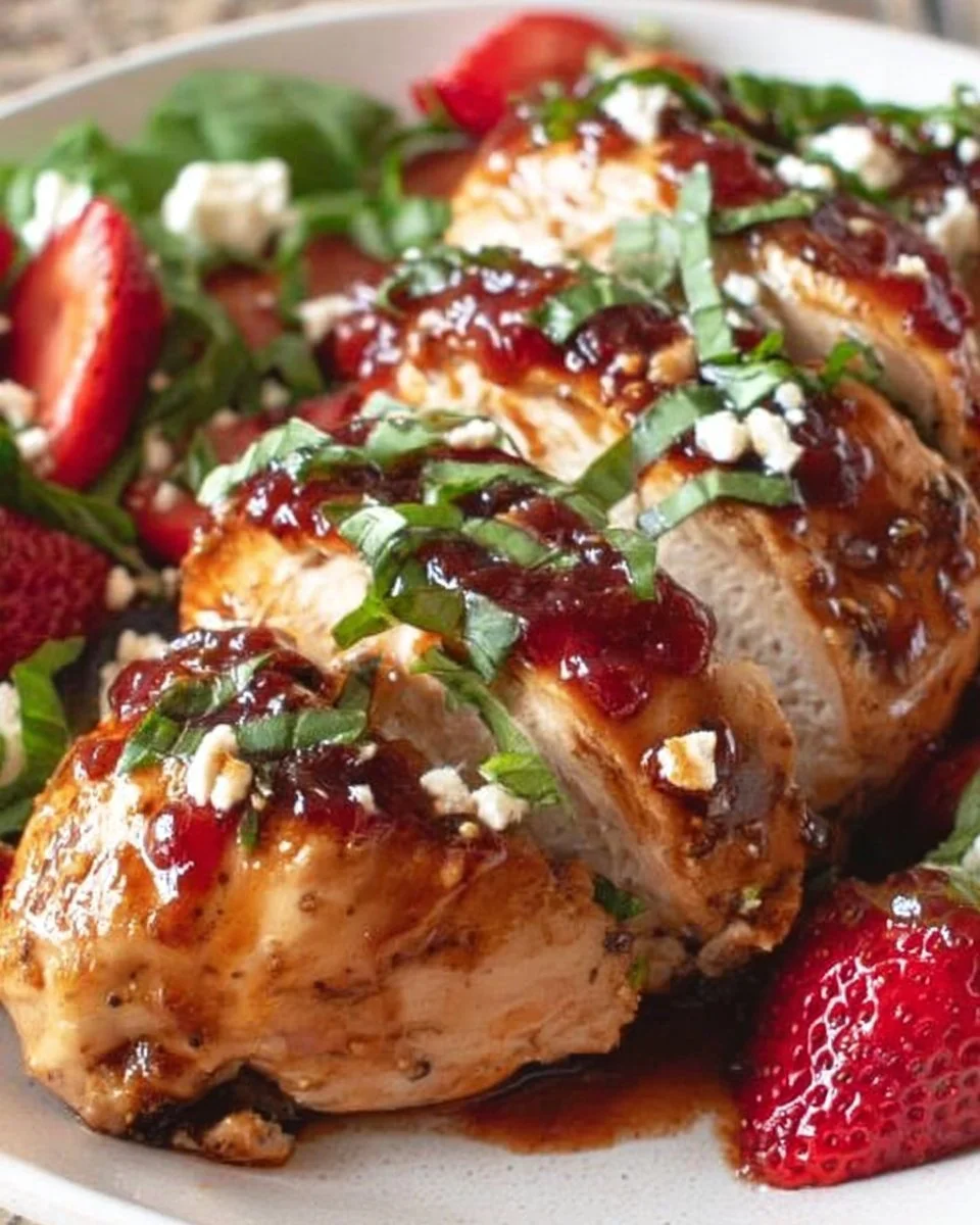 Strawberry Chicken dish garnished with fresh strawberries and herbs