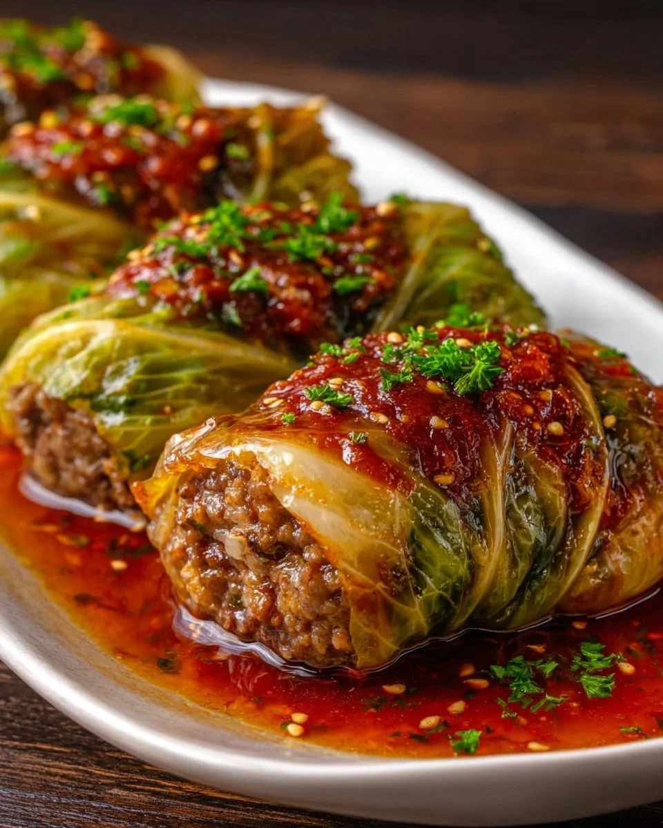 Delicious stuffed cabbage rolls served with a side of sauce and garnish