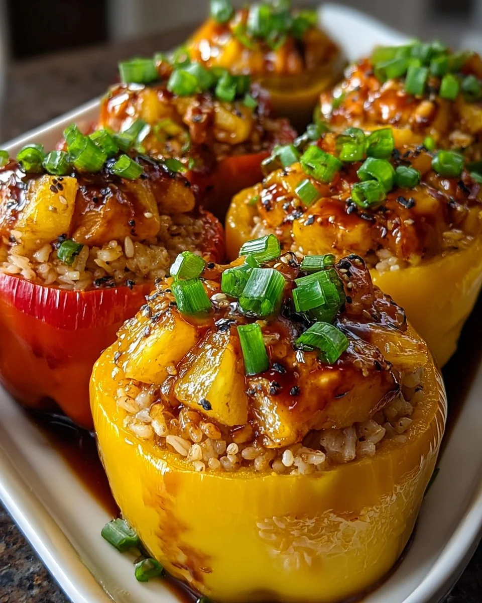 Teriyaki pineapple chicken and rice stuffed peppers plated for a tasty meal.
