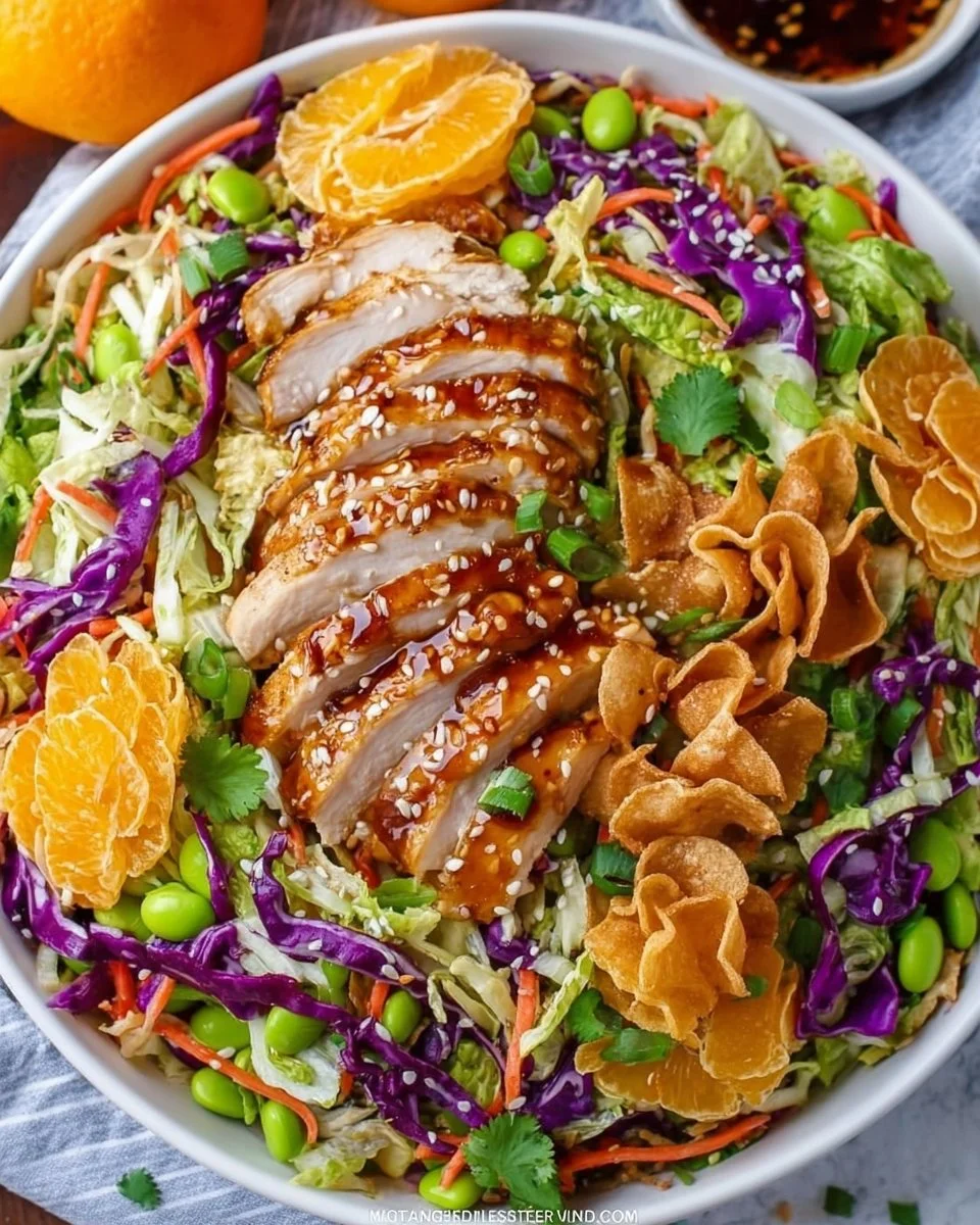 Delicious Asian chicken salad with vibrant vegetables and sesame dressing.