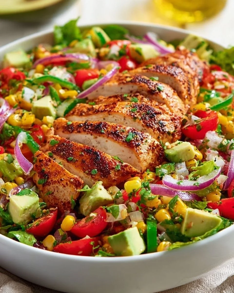 Delicious grilled chicken salad with fresh vegetables and dressing