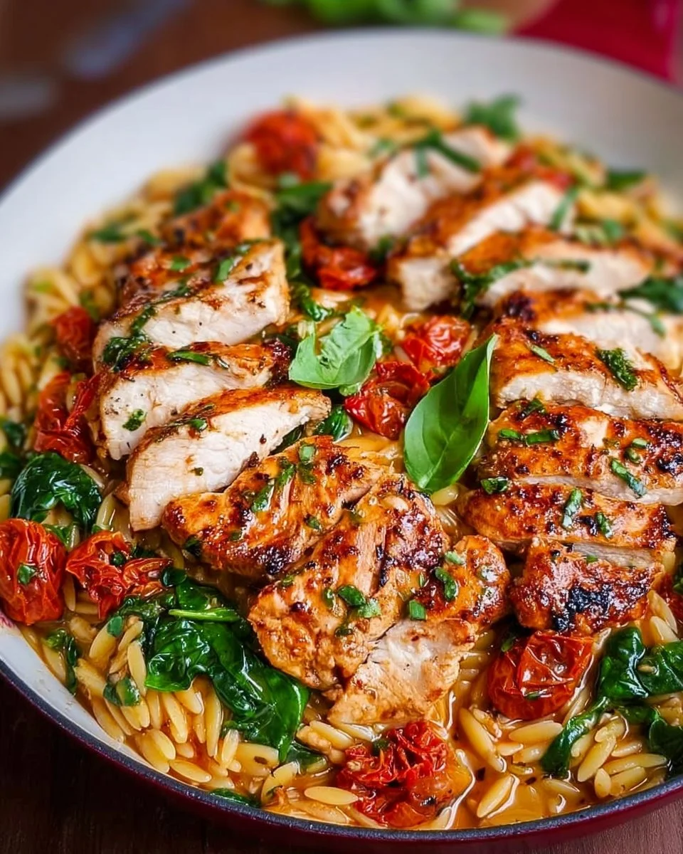 Delicious Tuscan Chicken Orzo garnished with fresh herbs
