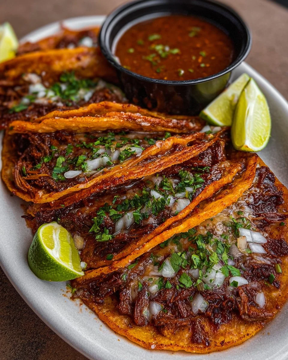 Ultra-crispy cheesy birria tacos served with dipping sauce and fresh toppings.