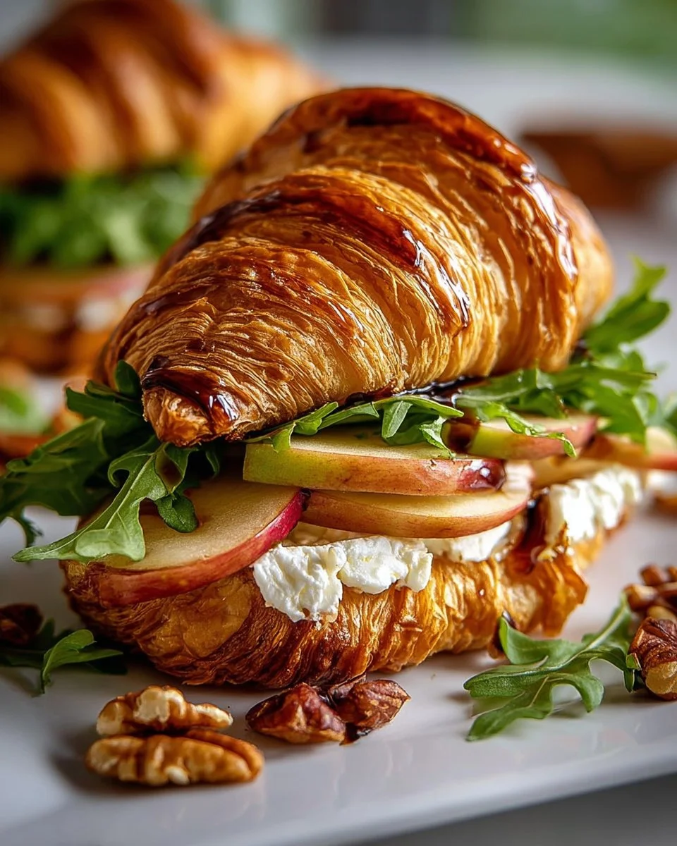 Delicious Apple and Goat Cheese Croissant Sandwich on a wooden board