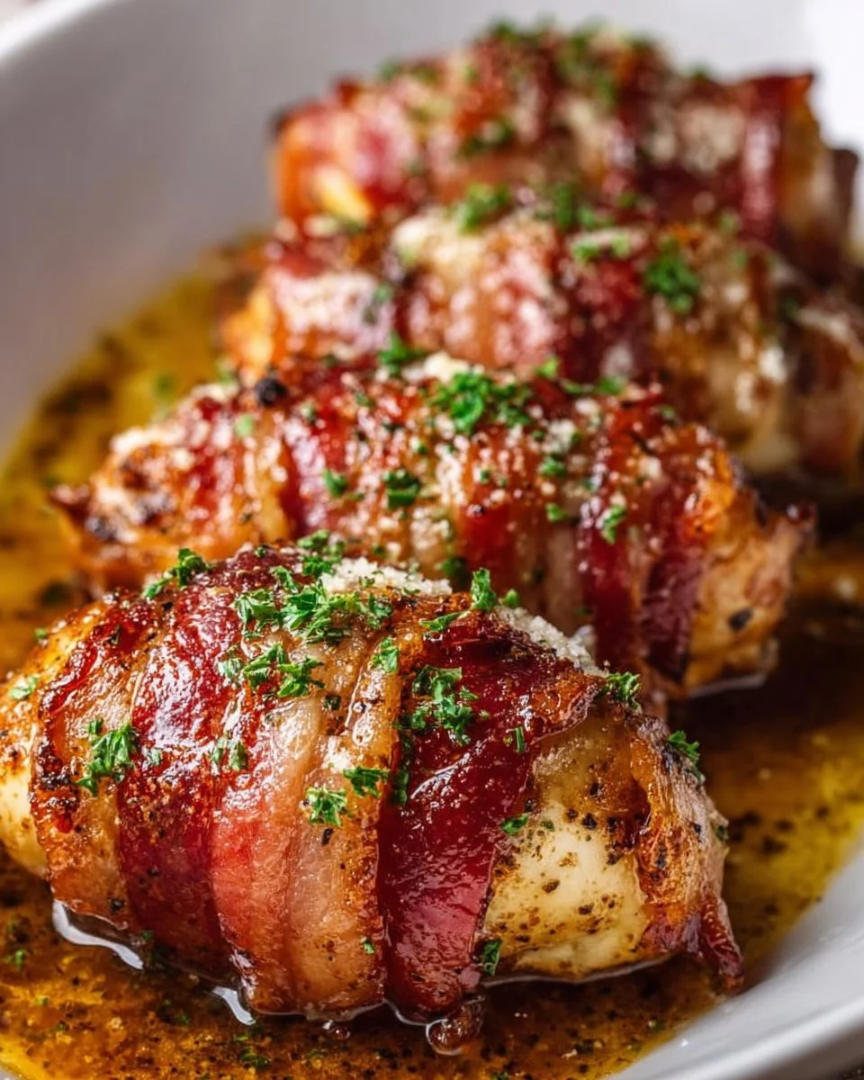 Bacon wrapped garlic parmesan chicken on a plate with herbs.