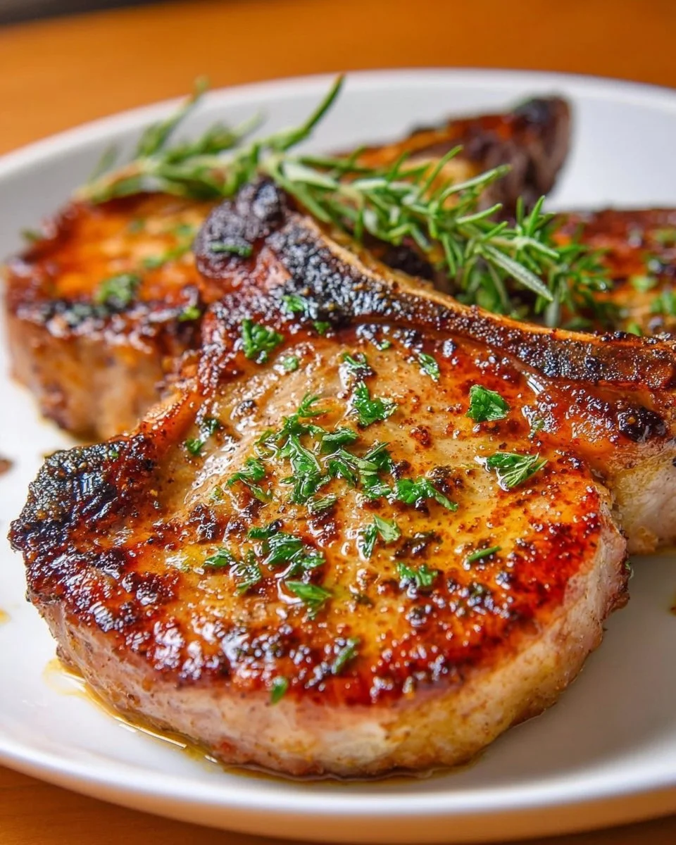 Juicy baked pork chops served with vegetables on a plate