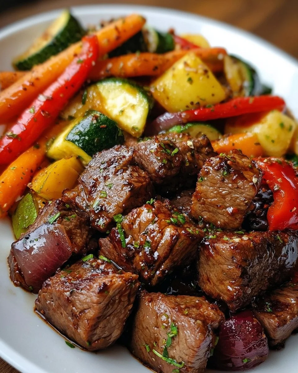 Balsamic Glazed Steak Tips with Roasted Vegetables