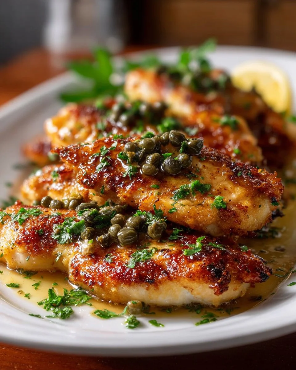 Plated Chicken Piccata garnished with lemon and parsley, showcasing a delightful meal.