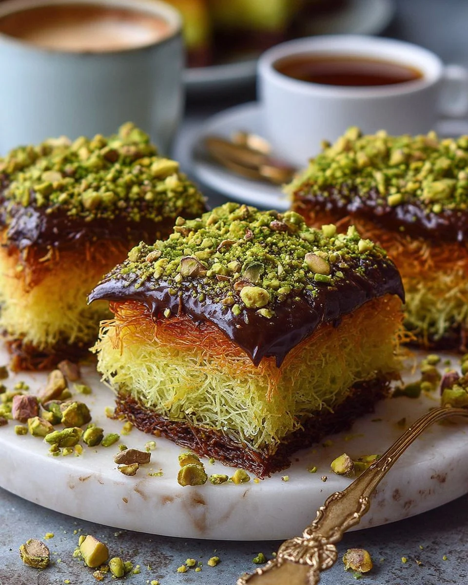 Delicious Chocolate Pistachio Kunafa dessert with rich chocolate and pistachio layers.