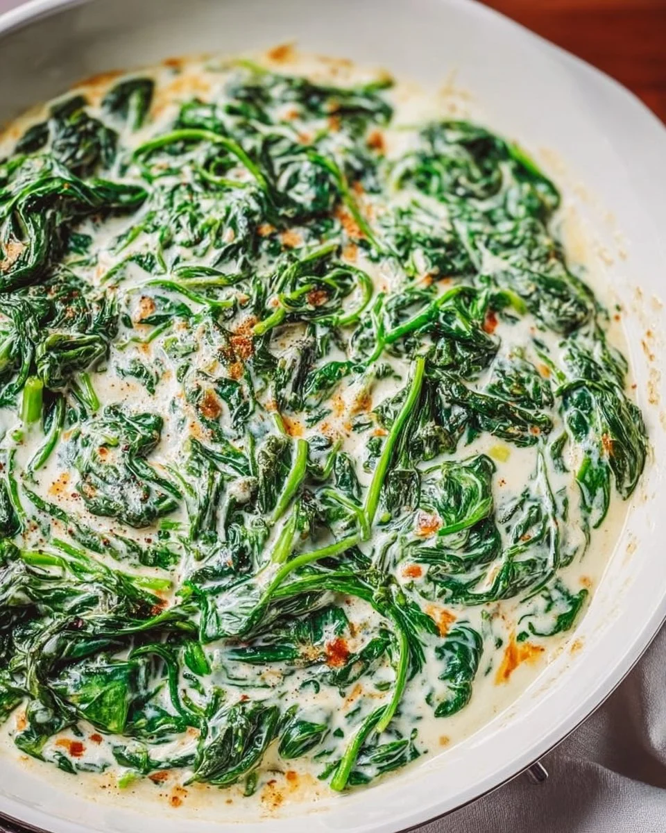 Delicious homemade creamed spinach served in a white bowl.