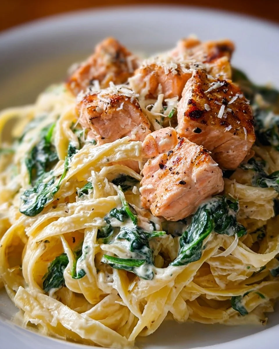 A delicious creamy salmon pasta dish garnished with herbs and lemon.