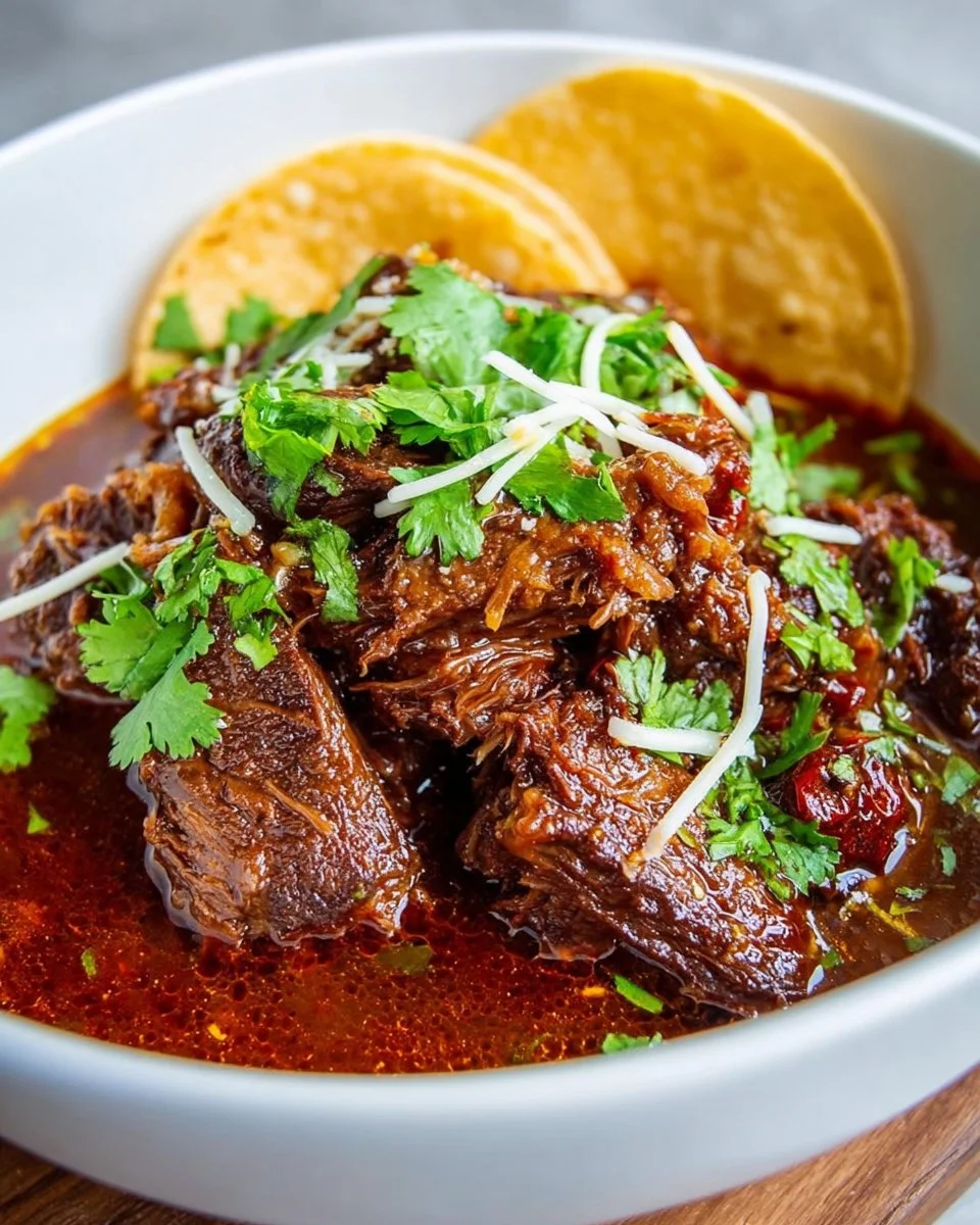 Crockpot Mexican Beef Birria served with fresh herbs and lime