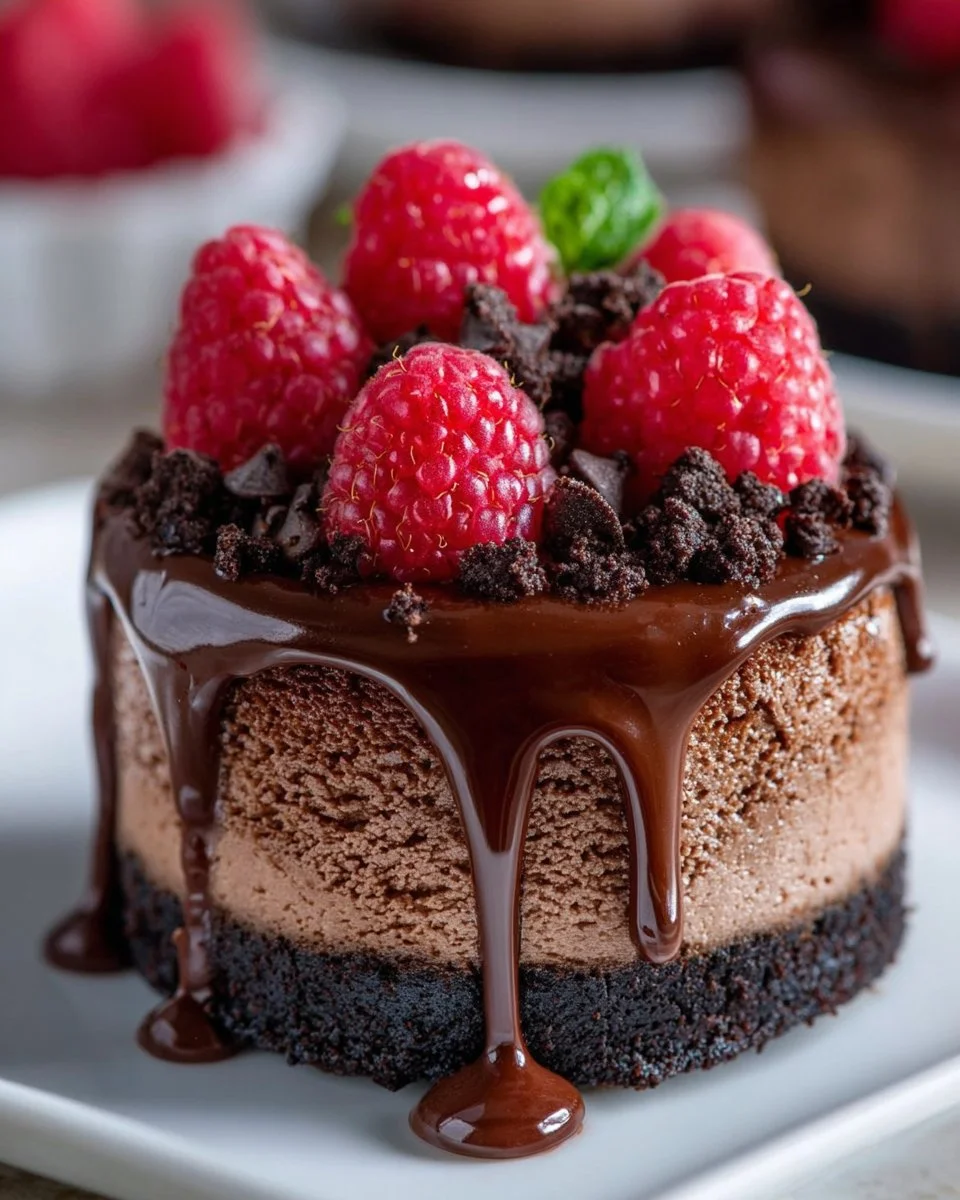 Delicious dark chocolate raspberry cheesecake slice on a plate