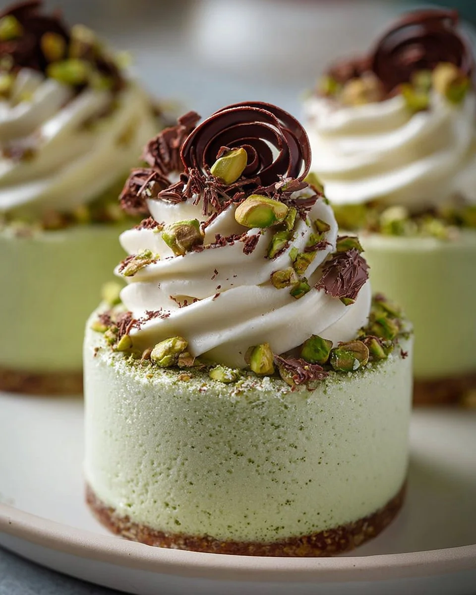 Decadent pistachio mousse cups topped with crushed nuts and whipped cream