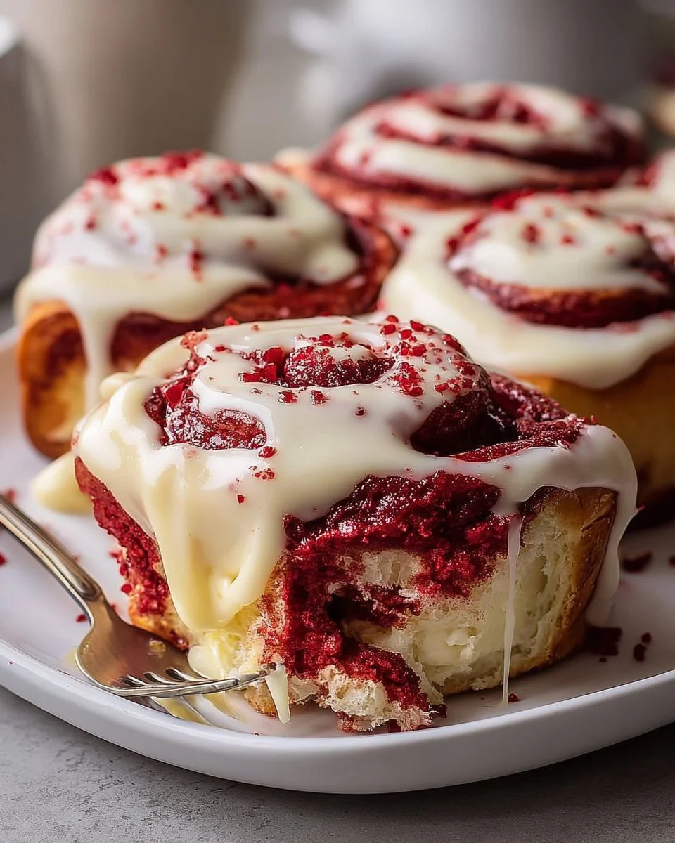 Decadent red velvet cinnamon rolls topped with cream cheese icing, perfect for dessert.