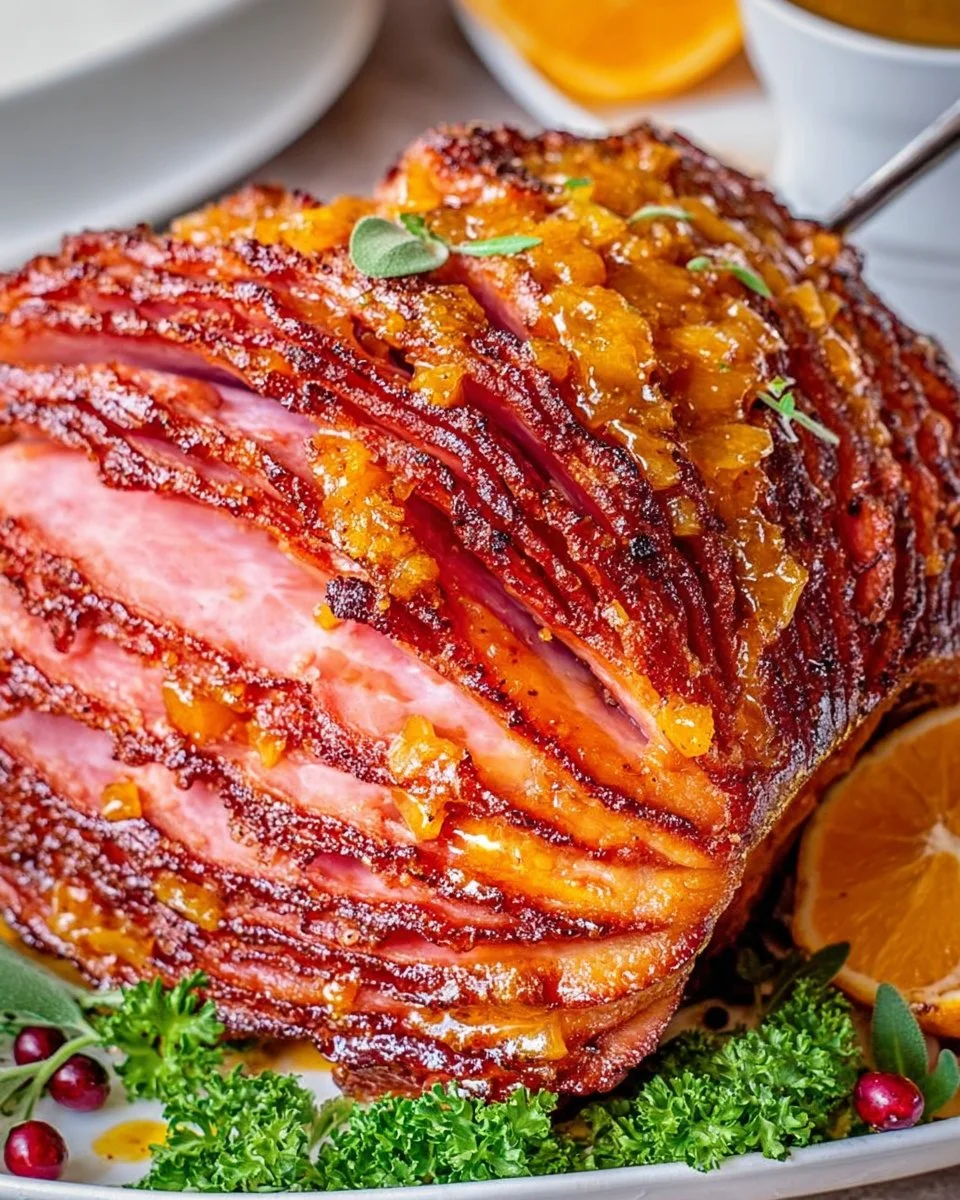 Delicious glazed ham served on a festive table