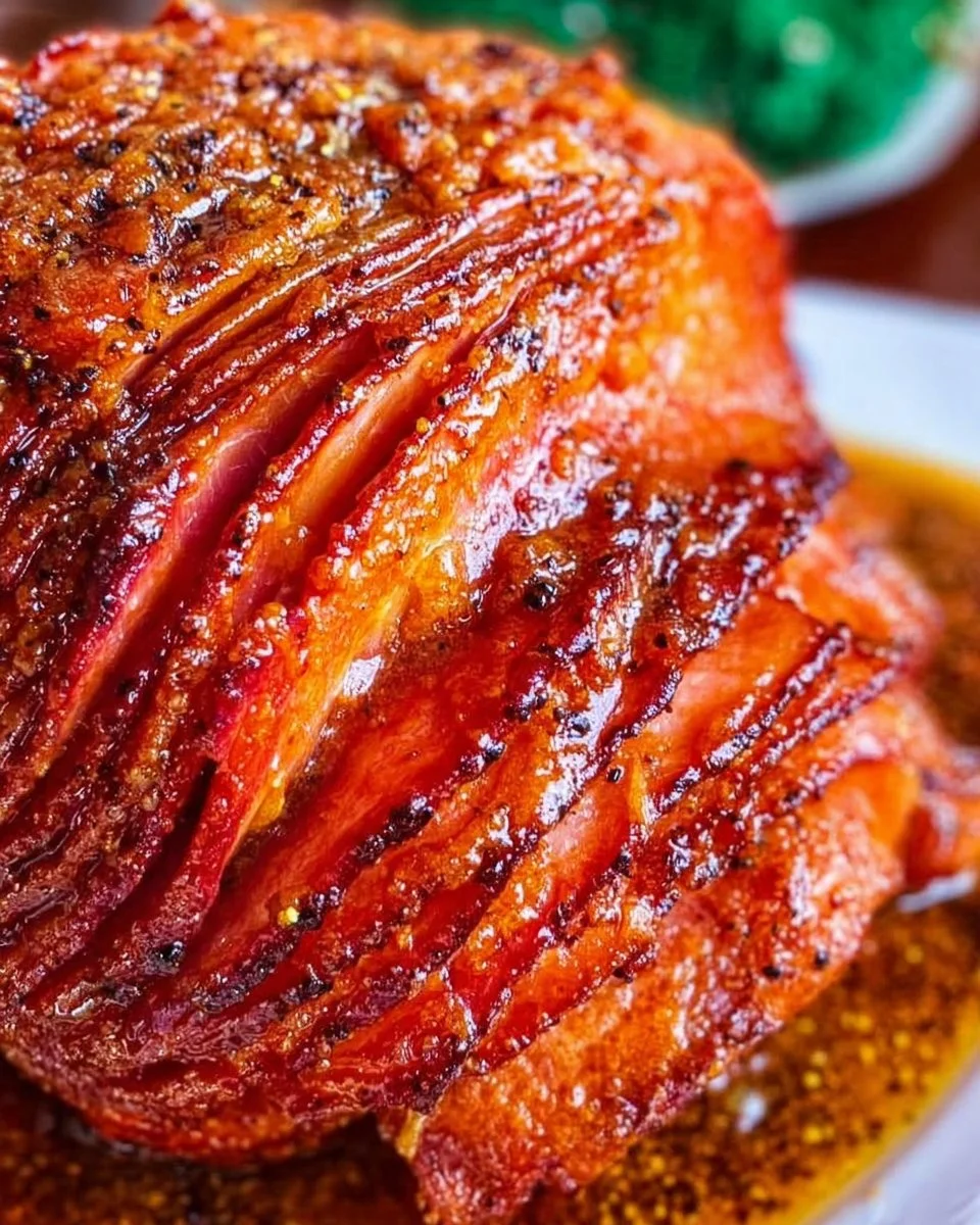 Delicious Honey Baked Ham served with a side of festive decorations