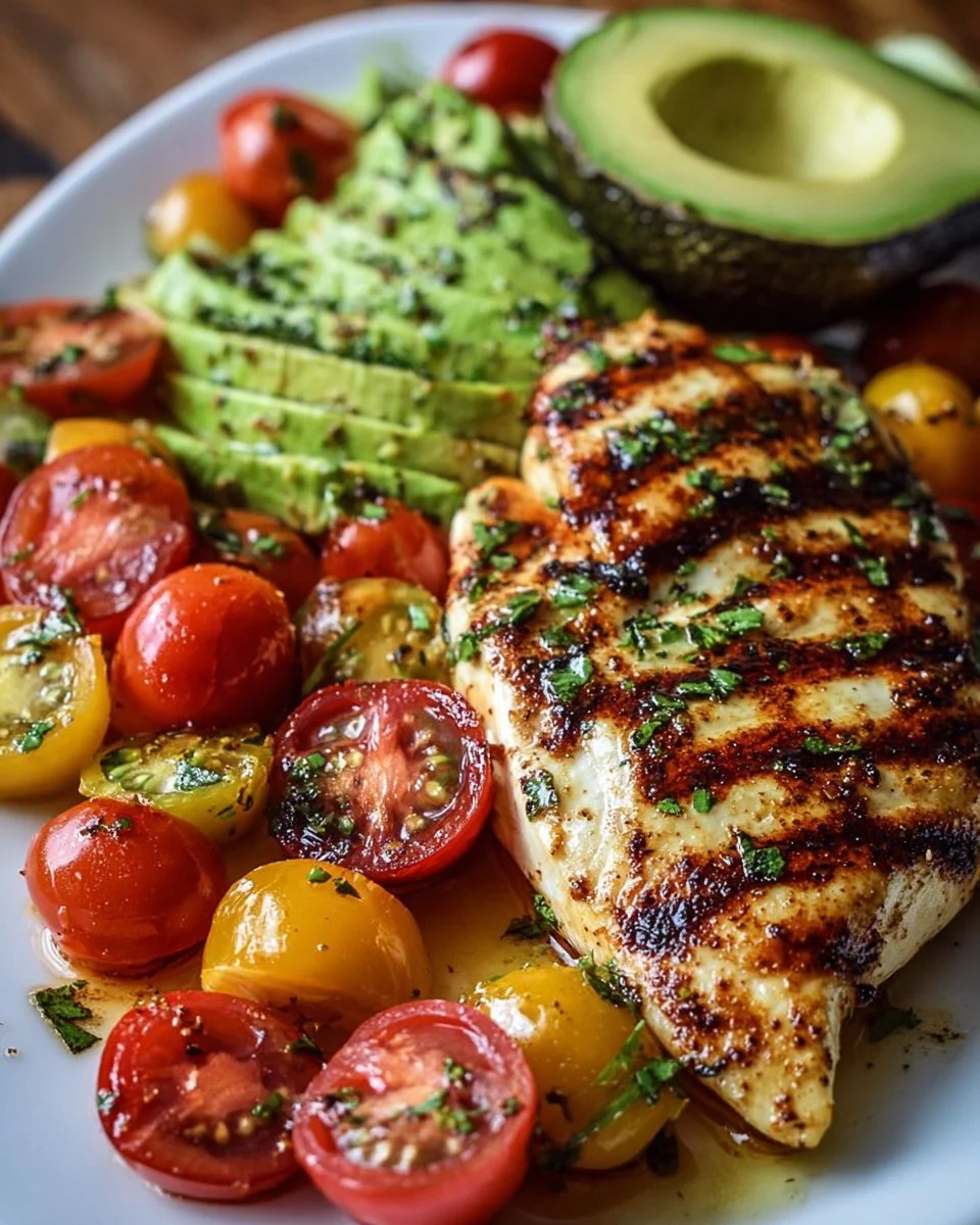 Juicy grilled chicken with California avocado on a plate
