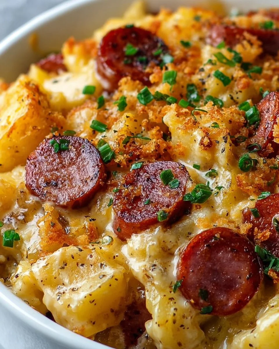 Cheesy Potato Kielbasa Casserole topped with melted cheese