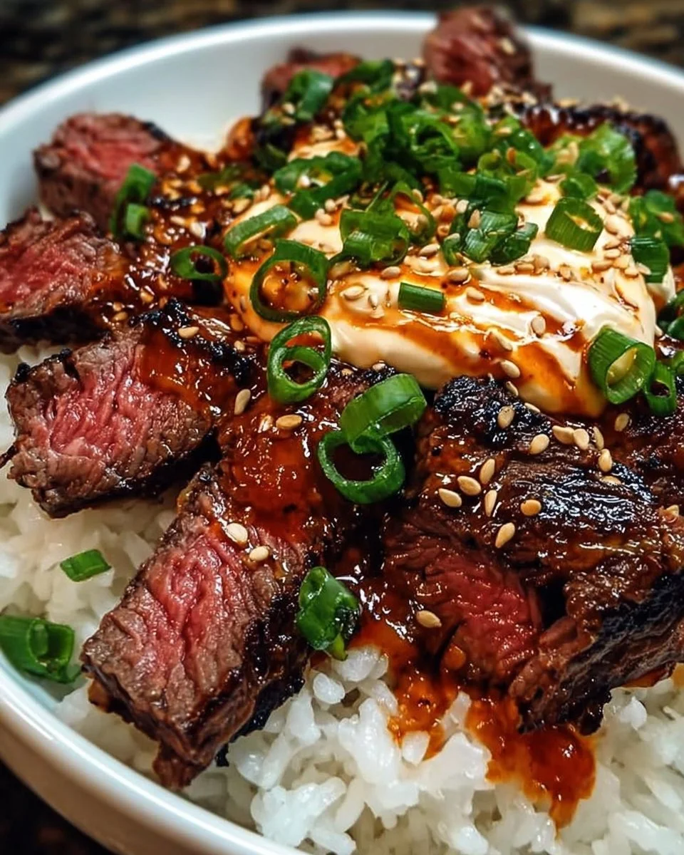 Korean BBQ steak rice bowl topped with vegetables and sauce