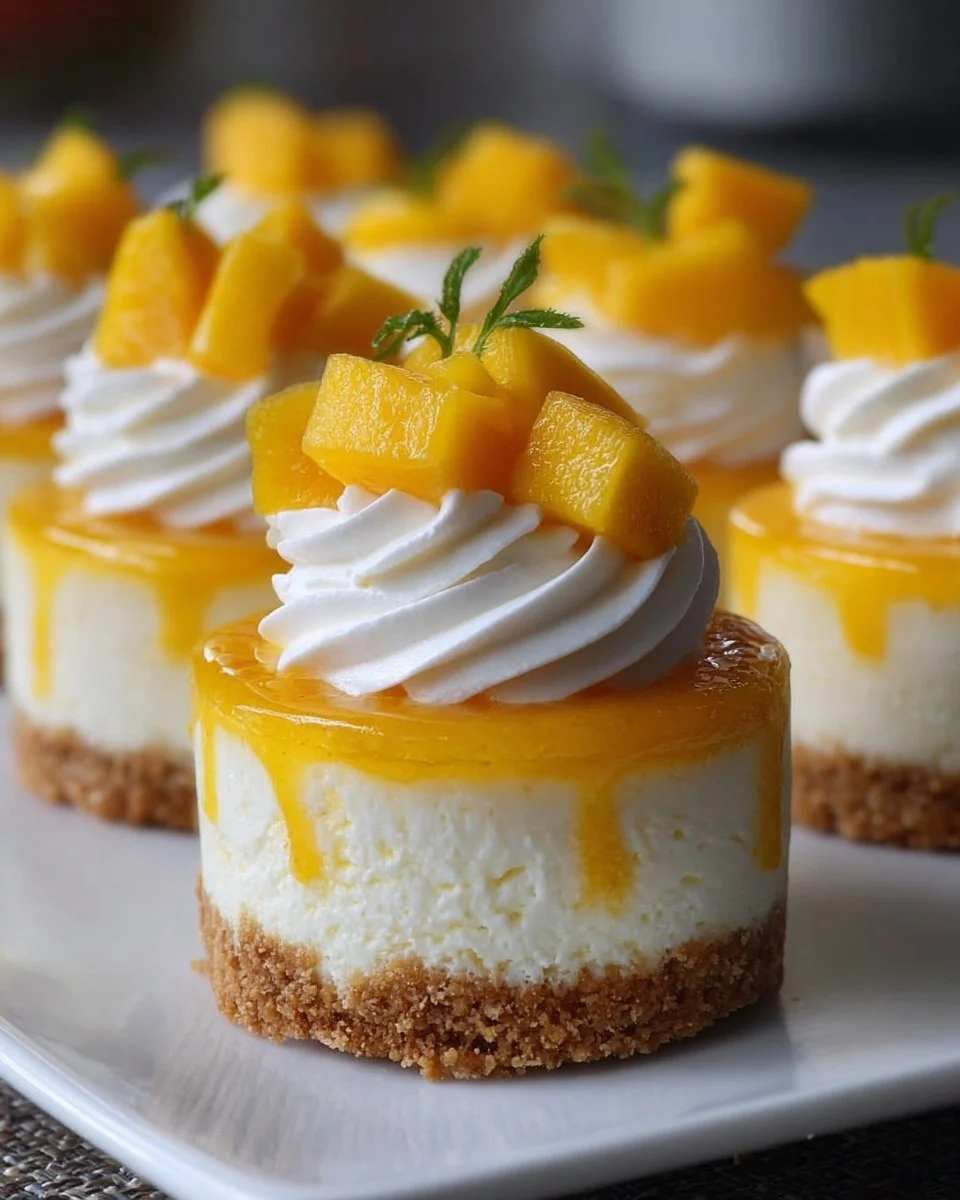 Delicious Mango Delight Cheesecake Cups topped with fresh mango slices.