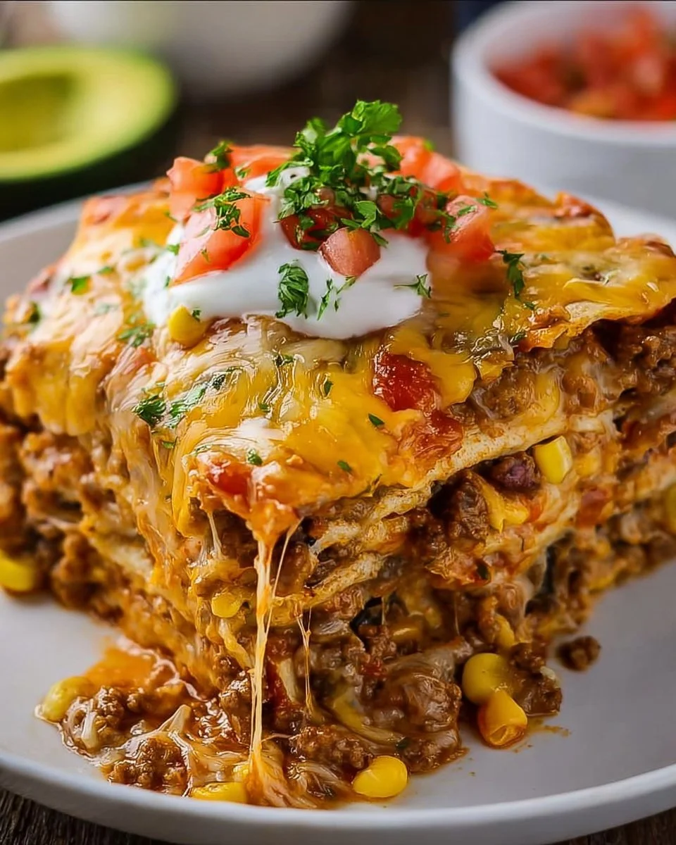 Delicious Mexican Lasagna with layers of tortillas, seasoned beef, and cheese