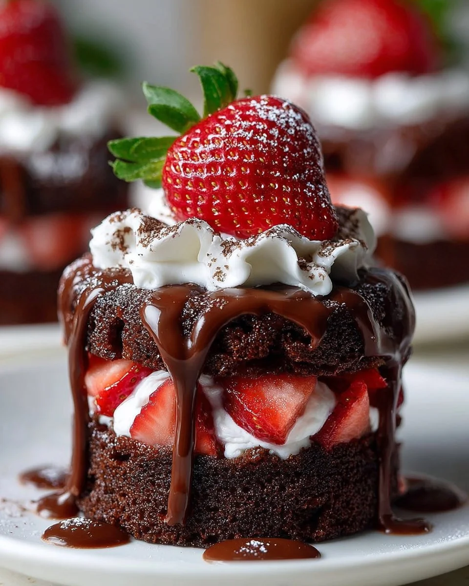 Mini strawberry chocolate cake topped with fresh strawberries and chocolate drizzle.