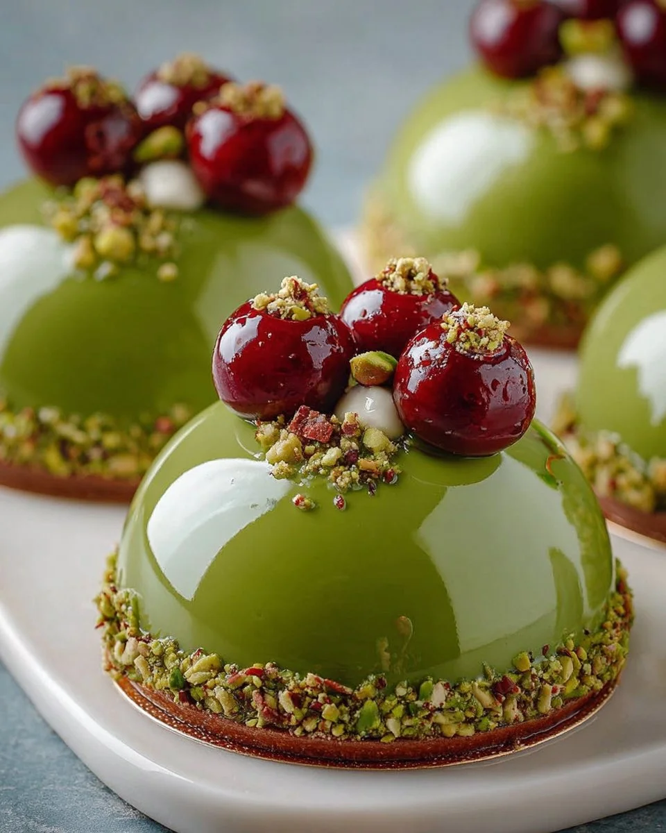 Pistachio Sour Cherry Spring Jewel mirror glaze domes dessert with vibrant colors.