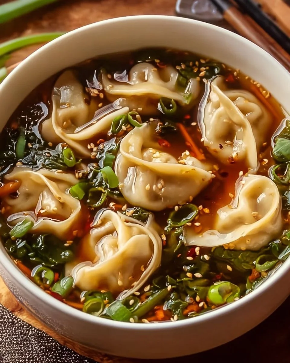 Bowl of delicious Potsticker Soup with dumplings and vegetables