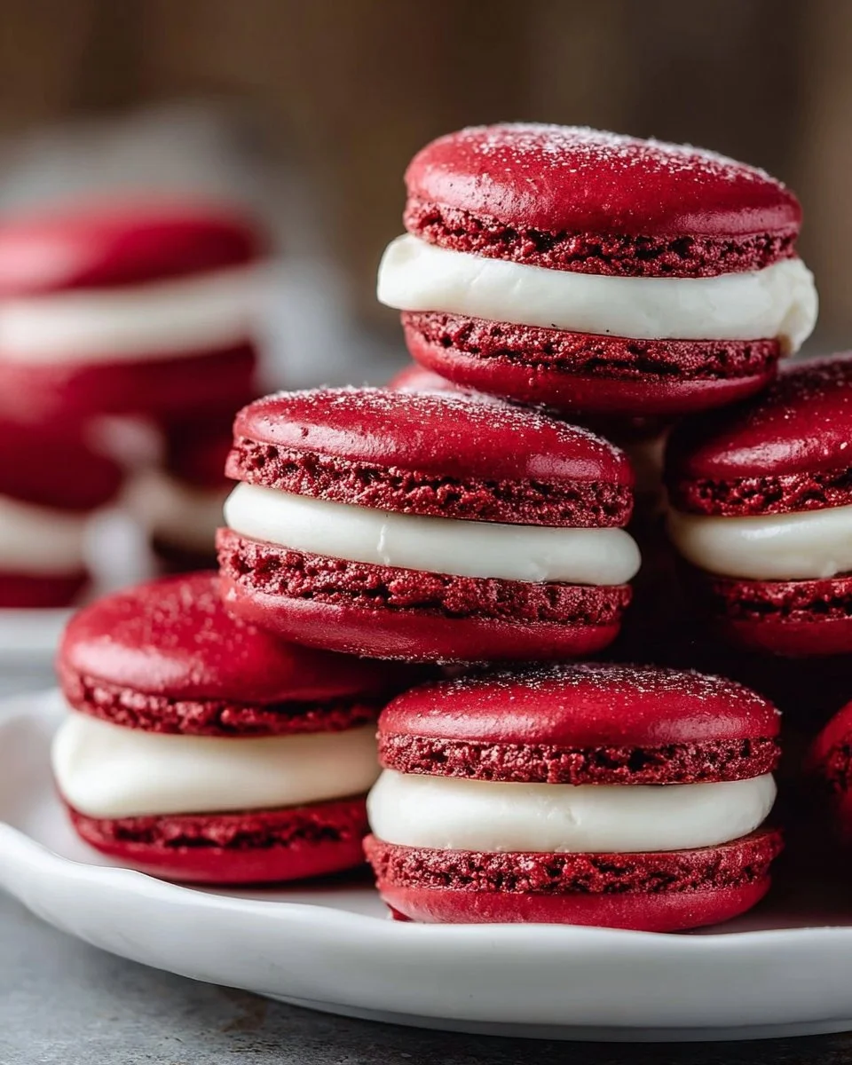 Delicious red velvet macarons with cream cheese filling on a plate