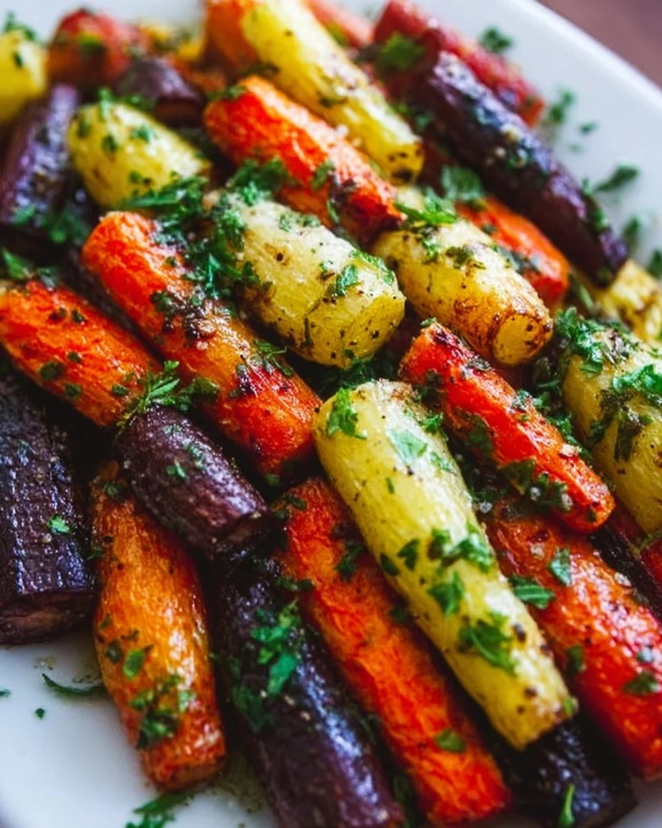 A plate of roasted rainbow carrots garnished with fresh herbs.
