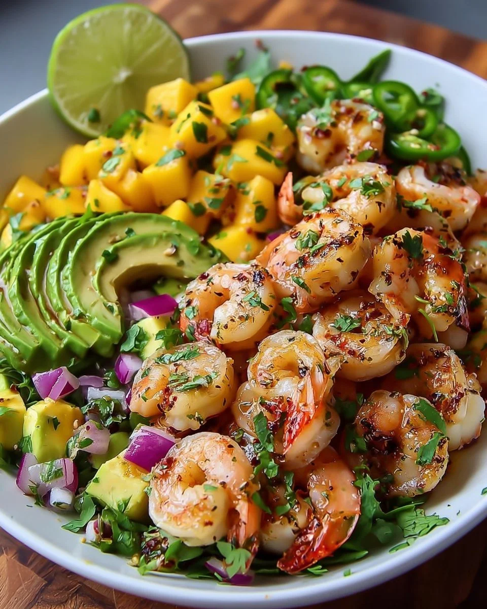 Shrimp and Avocado Bowls with Mango Salsa and Lime-Chili Sauce