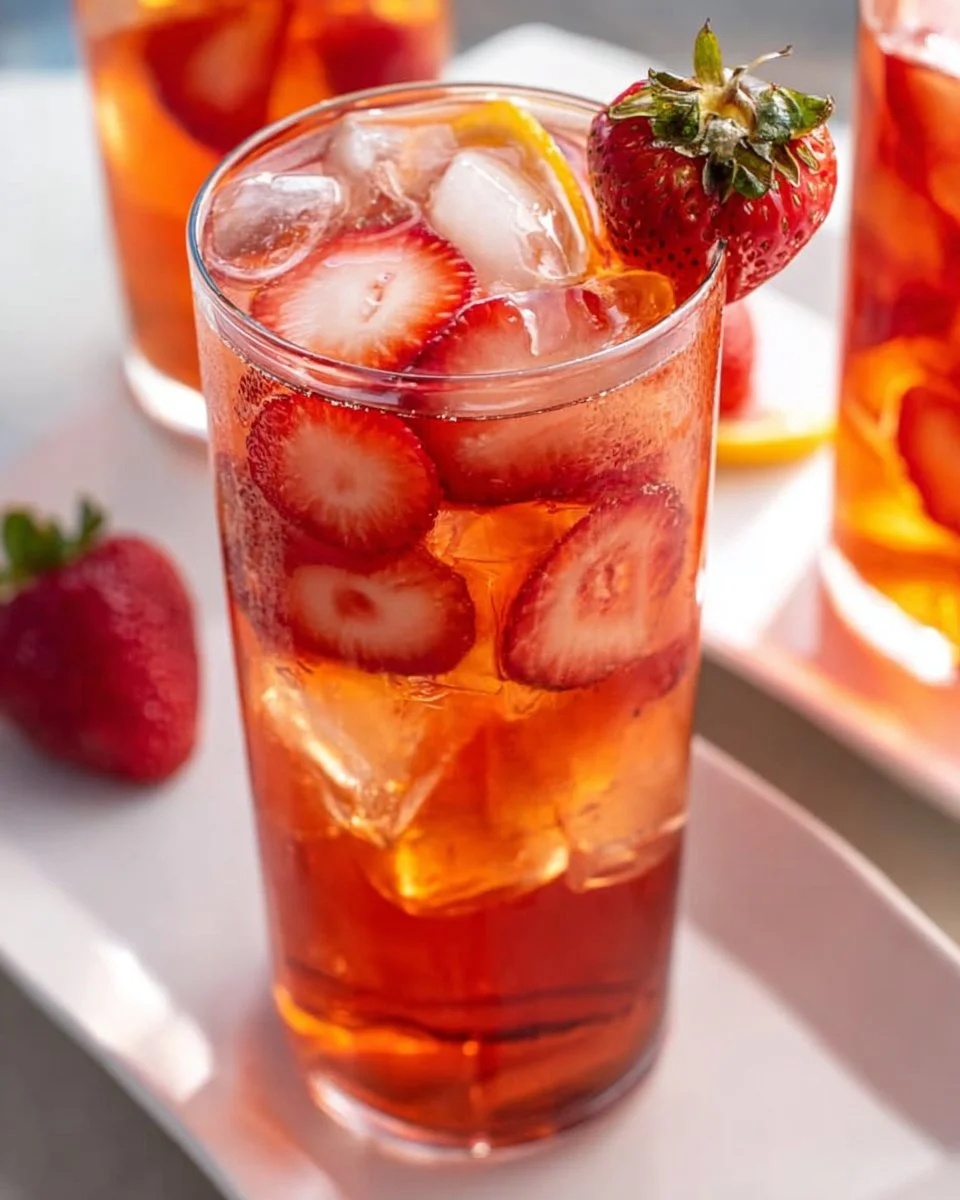 Glass of strawberry sweet tea with fresh strawberries and ice