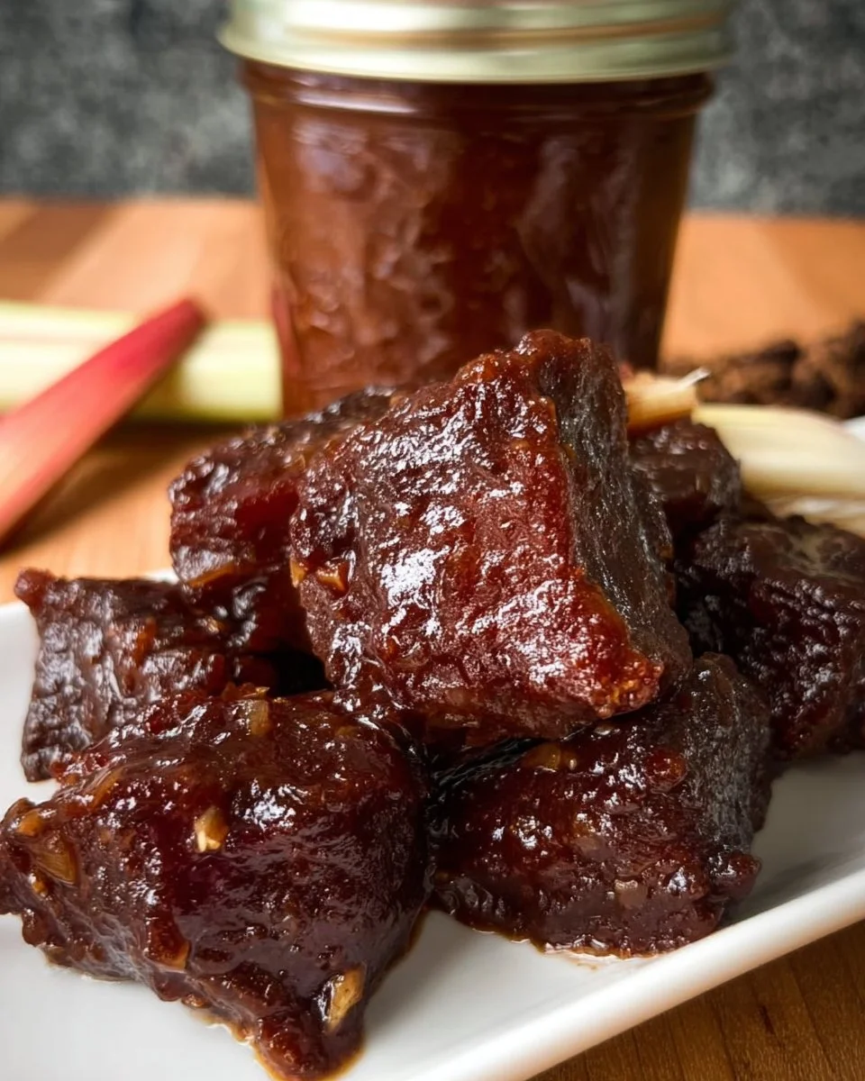 Tangy BBQ rhubarb steak sauce served on grilled steak