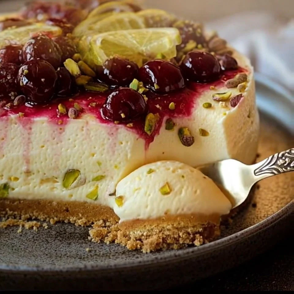 Luscious Lemon-Lime Cherry Pistachio Cheesecake
