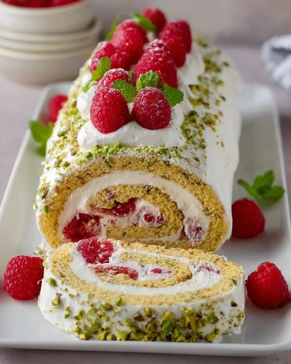 Pistachio Raspberry Swiss Roll Cake Recipe (video)