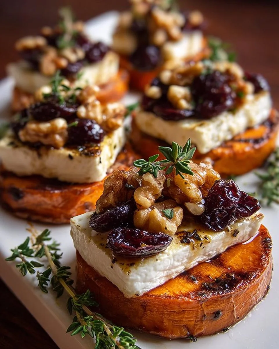 Roasted Sweet Potato Rounds with Brie, Dried Cherries & Toasted Walnuts