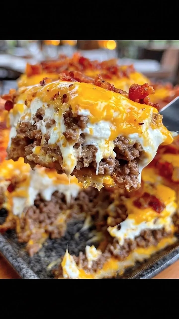 Bacon cheeseburger lasagna served on a sheet pan, combining savory flavors.