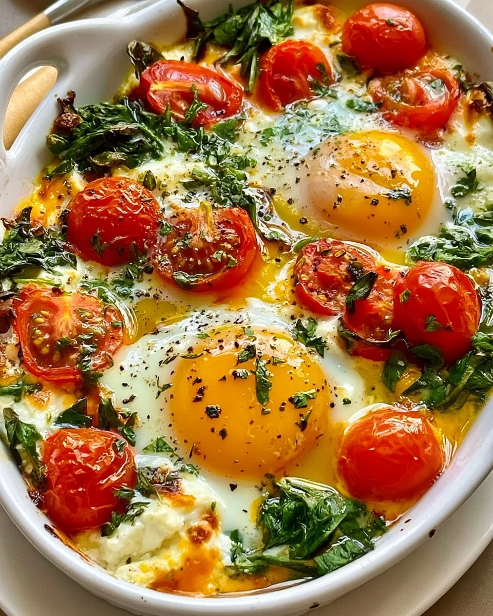 Baked Feta Eggs with Tomatoes and Spinach