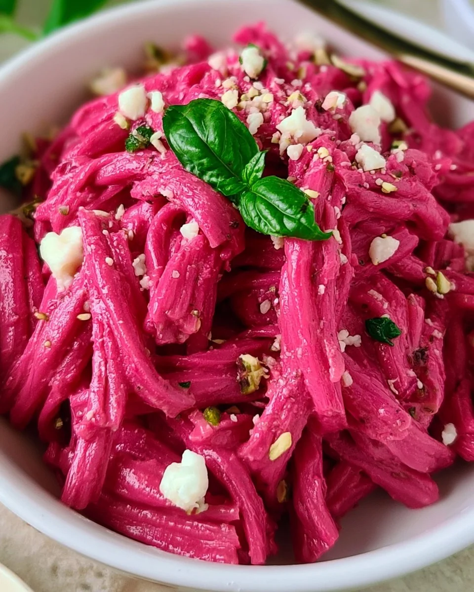 Plate of beetroot pasta with a rich beetroot sauce and fresh herbs