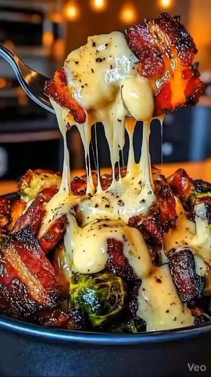 Brussels sprouts with bacon and honey glaze served on a plate