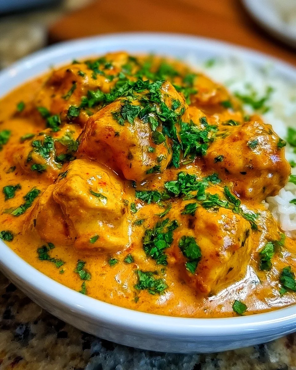 Delicious butter chicken served with rice and naan, a classic Indian dish