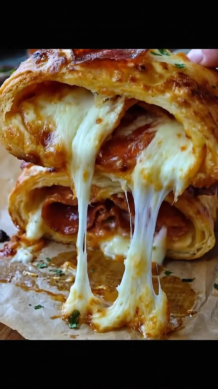 Cheesy pepperoni stromboli roll fresh out of the oven, ready to serve.