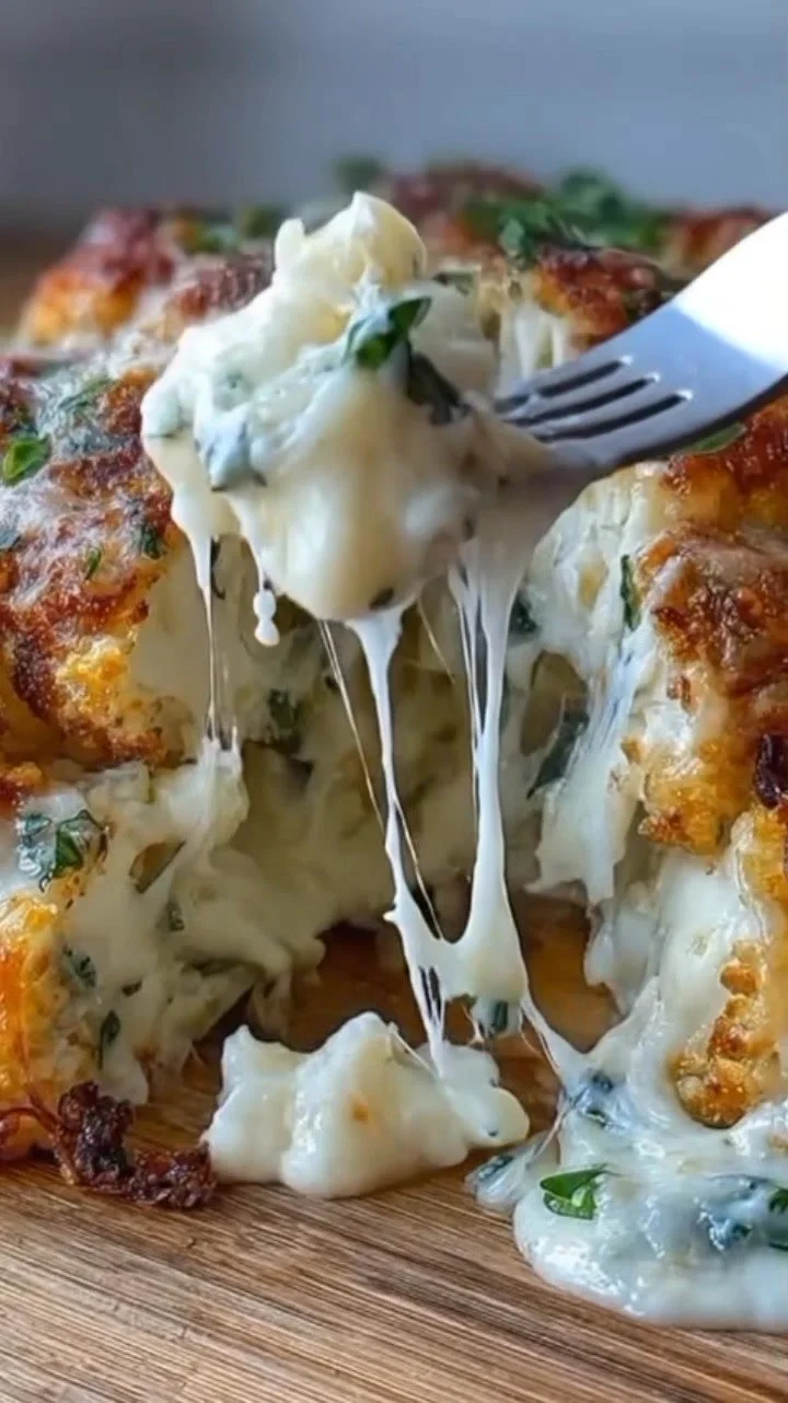Cheesy stuffed cauliflower head with melted cheese and herbs