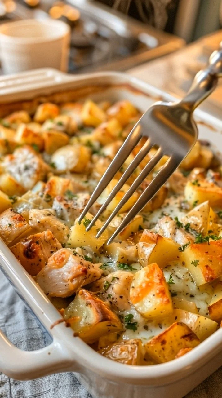 Delicious chicken and potato bake served in a ceramic dish